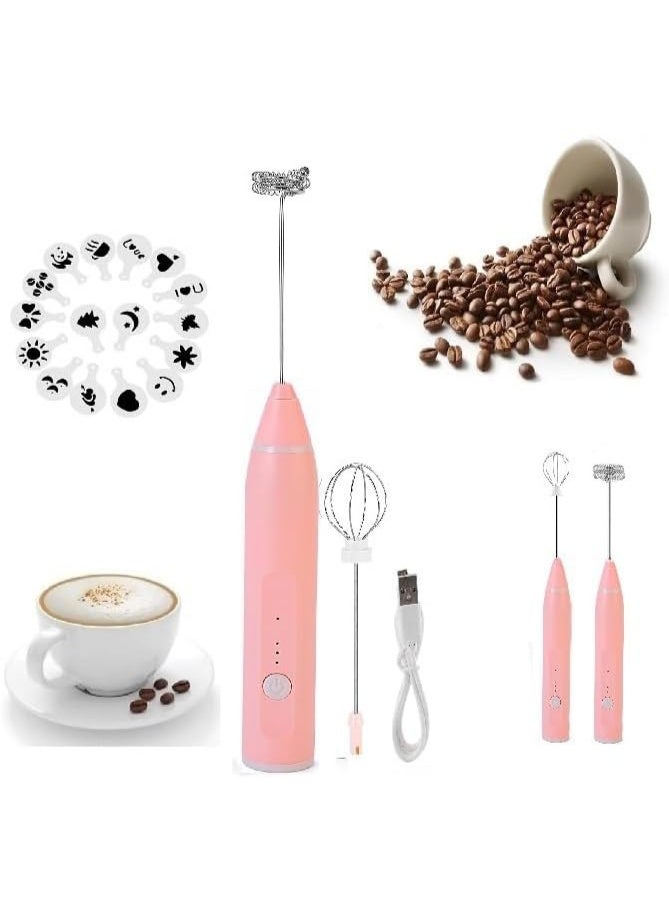 Portable handheld rechargeable milk frother with USB port, two stainless steel whisks, and three adjustable speeds for cappuccinos, hot chocolate, milkshakes, and egg mixtures (Pink) - Image 4